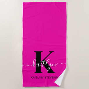 Serviette De Plage Monogramme moderne noir écriture cursive rose chau