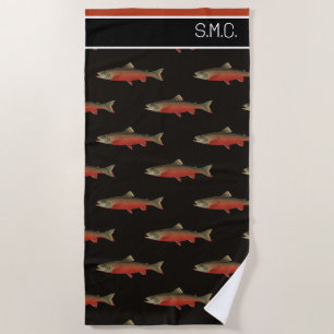 Serviette De Plage Monogramme moderne Poisson Saumon Design Noir Blan