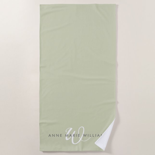 Serviette De Plage Monogramme Moderne Vert Sauge Blanc Script (Devant)