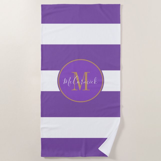 Serviette De Plage Monogramme moderne violet blanc éclats d'or (Devant)