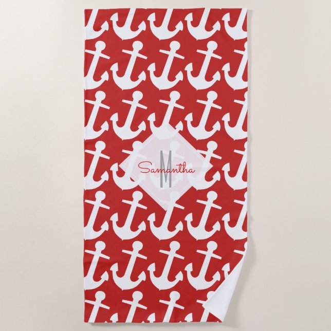 Serviette De Plage Monogramme, motif nautique blanc d'Ancre sur le (Devant)