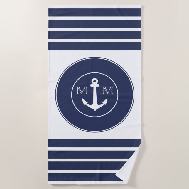 Serviette De Plage Monogramme Nautique Moderne Marine Bleu Blancs (Devant)