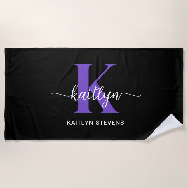 Serviette De Plage Monogramme noir violet (Devant)