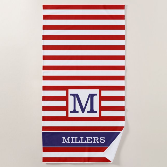 Serviette De Plage Monogramme Nom de famille Blue Red Cabana Stripe (Devant)