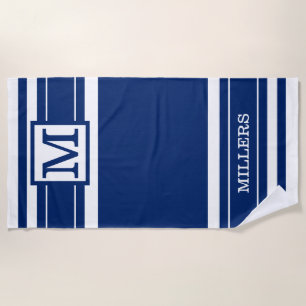 Serviette De Plage Monogramme Nom De Famille Marine Bleu Et Blanc Gra
