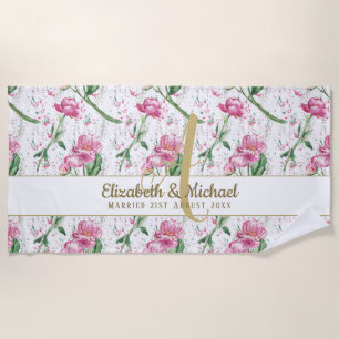 Serviette De Plage Monogramme or Pink Peonies Feuilles verts Nouveaux