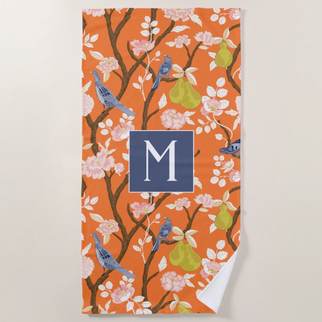 Serviette De Plage Monogramme orangé et bleu de la Chinoiserie Oiseau (Devant)