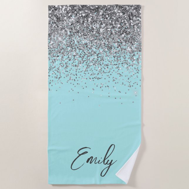 Serviette De Plage Monogramme Pailleté Bleu Aqua Turquoise Argent (Devant)