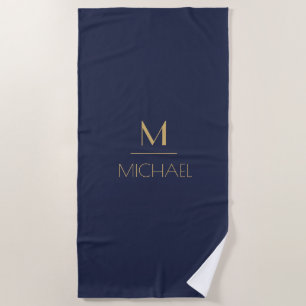 Serviette De Plage Monogramme personnalisé   Nom Marine & Or