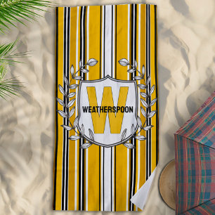 Serviette De Plage Monogramme Personnalisé Yellow Black Strips
