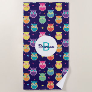 Serviette De Plage Monogramme Rainbow Blue Owl Motifs Girls Animal
