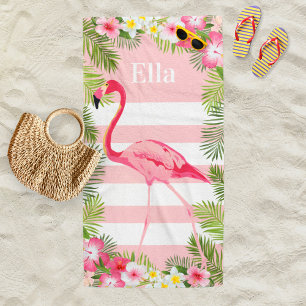 Serviette De Plage Monogramme Rayure Flamant Rose Tropical
