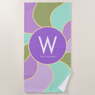 Serviette De Plage Monogramme Rétro Sun Waves Purple et Vert