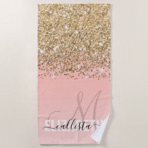 Serviette De Plage Monogramme rose Fille Chic Gold Confetti