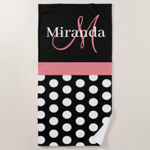 Serviette De Plage Monogramme rose noir foncé Point Polka