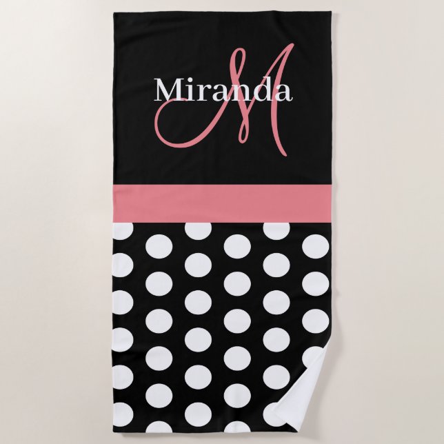 Serviette De Plage Monogramme rose noir Polka Dot Beach T (Devant)