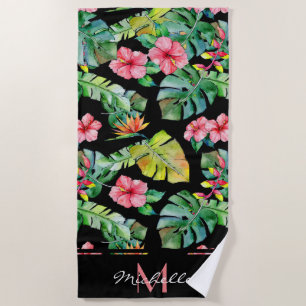 Serviette De Plage Monogramme rose tropicale Hibiscus noir