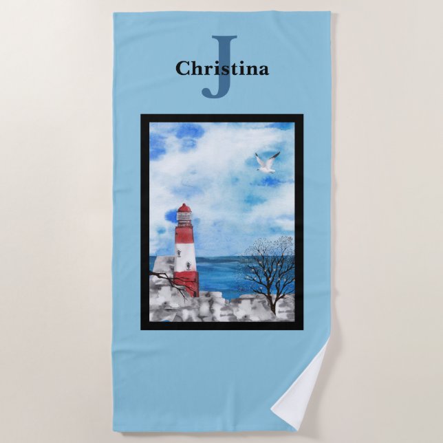 Serviette De Plage Monogramme Rouge et Bleu Phare Aquarelle Art (Devant)