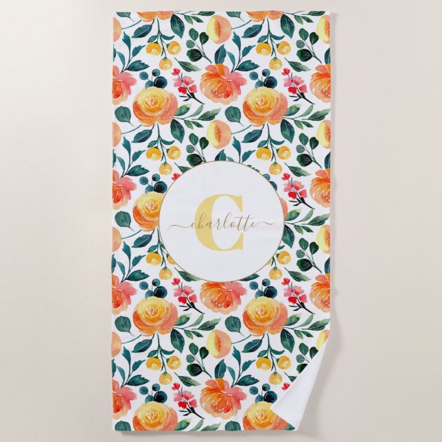 Serviette De Plage Monogramme Rustique Orange Aquarelle (Devant)