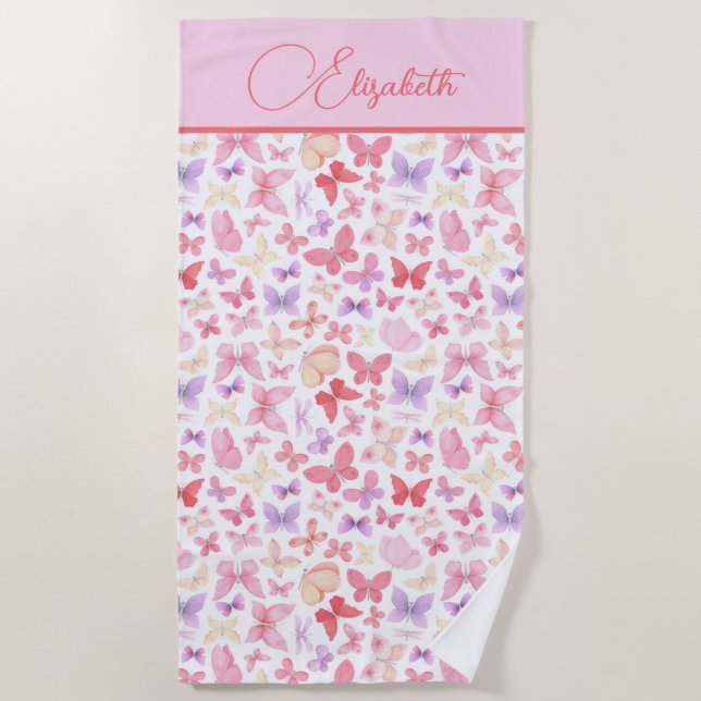 Serviette De Plage Monogramme Script Rose Violet Jaune Papillons  (Devant)