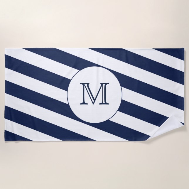 Serviette De Plage Monogramme sur mesure bleu et blanc de la marine n (Devant)