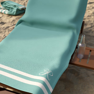 Serviette De Plage Monogramme Vert et Crème Gris Élégant