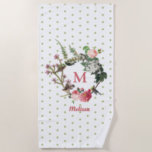 Serviette De Plage Monogramme Vintage Floral et Pois de couronne d'oi