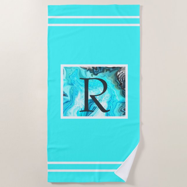 Serviette De Plage Monogrammes Turquoises Grandes Blancs Agate Art Él (Devant)