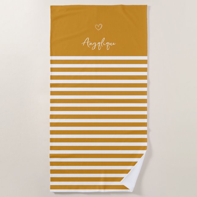 Serviette De Plage Monongramme du coeur et des rayures jaunes moderne (Devant)