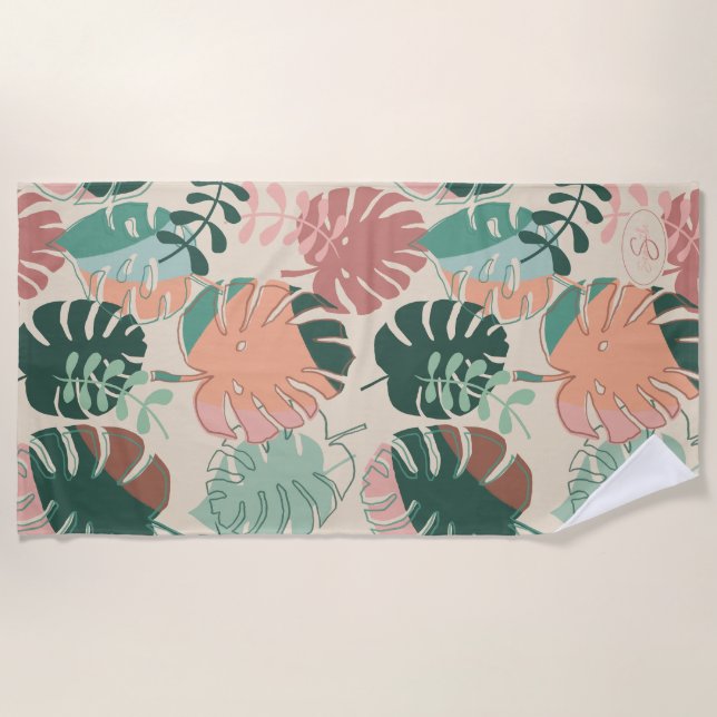 Serviette de plage Monstera Monogrammé Boho Tropic (Devant)