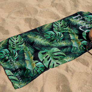 Serviette De Plage Monstera Palm Banana Feuilles tropicaux   Monogram