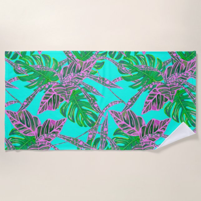 Serviette De Plage Monstera Palm feuille coleus tropical turquoise ro (Devant)
