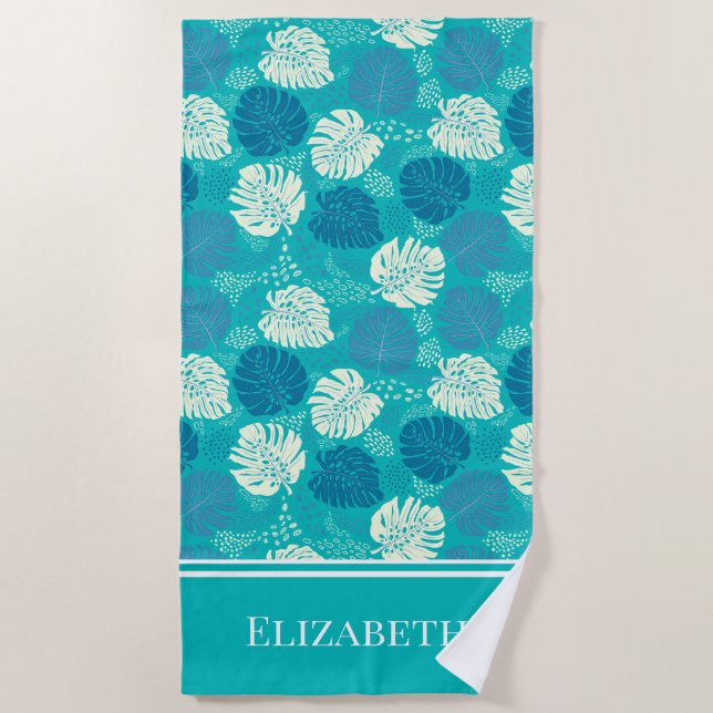 Serviette De Plage Monstère côtière turquoise et blanche Nom personna (Devant)