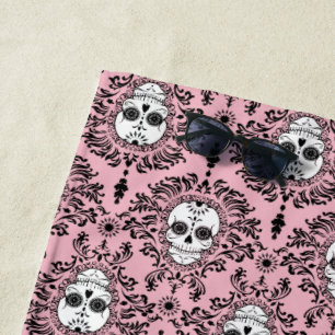 Serviette De Plage Mort Damask Noir sur Pink Sugar Motif crâne