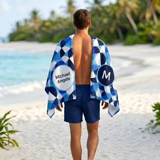 Serviette De Plage Mosaïque géométrique bleue Bauhaus Monogramme Nom