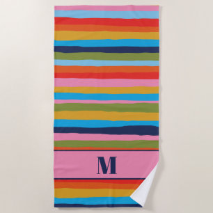 Serviette De Plage Motif à bandes serrées colorées avec initiale