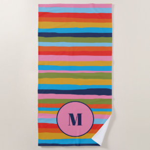 Serviette De Plage Motif à bandes serrées colorées avec initiale