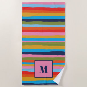 Serviette De Plage Motif à bandes serrées colorées avec initiale