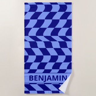 Serviette De Plage Motif à damiers bleu clair avec nom personnalisé