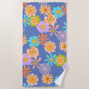 Serviette De Plage Motif à fleurs Hippie rétro en bleu 