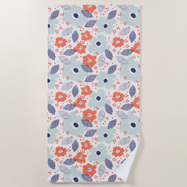 Serviette De Plage Motif à fleurs moderne orange et bleu (Devant)