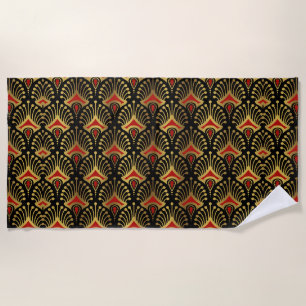 Serviette De Plage Motif Art déco or et rouge sur noir