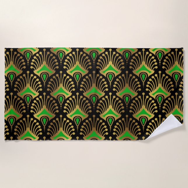 Serviette De Plage Motif Art déco or et vert sur noir (Devant)