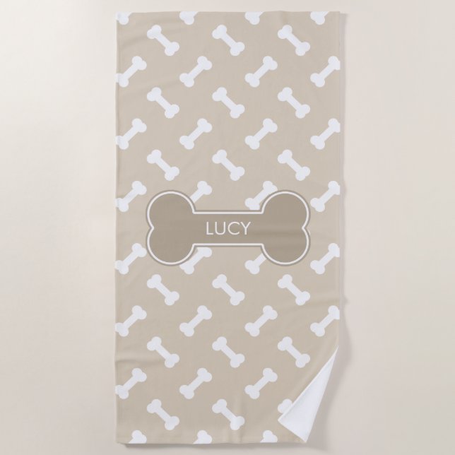 Serviette De Plage Motif Beige Et Blanc Avec Nom Personnalisé (Devant)