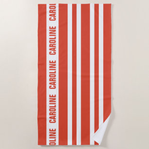 Serviette De Plage Motif blanc personnalisé des rayures rouges tomate
