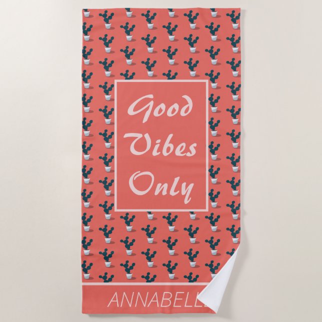 Serviette De Plage Motif Cactus sur Coral Good Vibes uniquement (Devant)