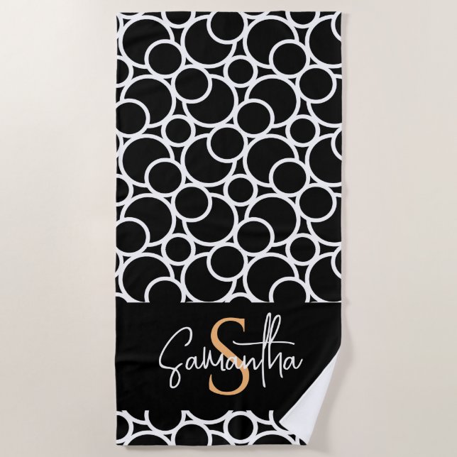 Serviette De Plage Motif Cercle noir et blanc avec Monogramme (Devant)