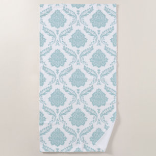 Serviette De Plage Motif Damassé Rococo Bleu Canard sur Fond Blanc