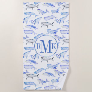 Serviette De Plage Motif de baleine bleue d'aquarelle