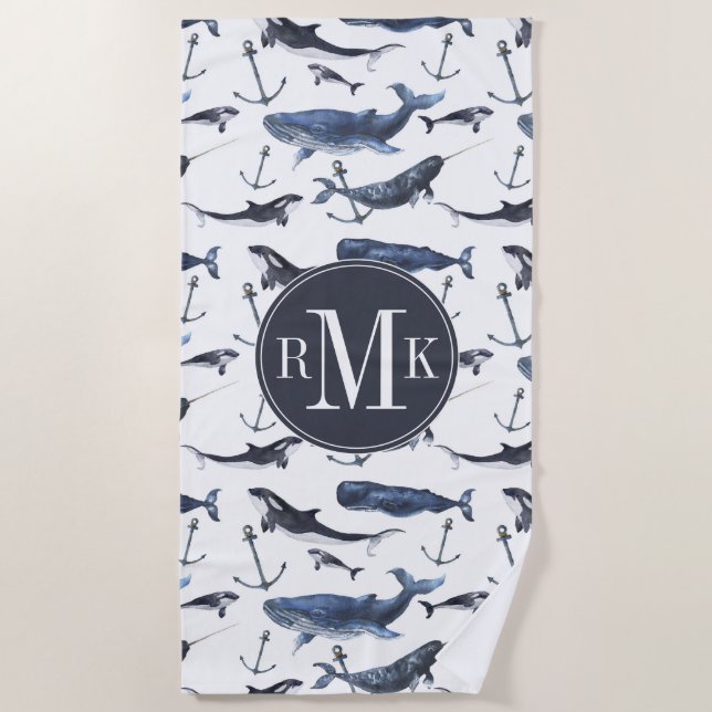 Serviette De Plage Motif de baleine et d'Ancre d'aquarelle (Devant)